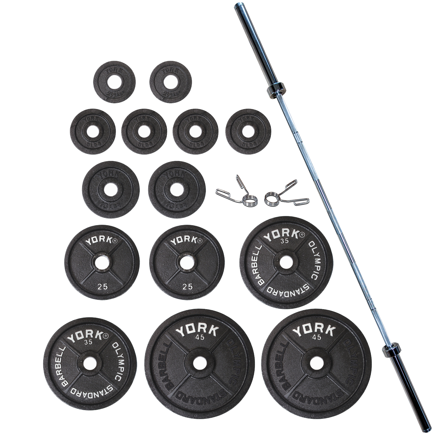 York Barbell "Legacy" 300 lb Int'l Set (2 x 45 lb, 35 lb, 25 lb, 10 lb, 2.5 lb, and 4 x 5 lb) 32004, pr. Spring Collars - Bk